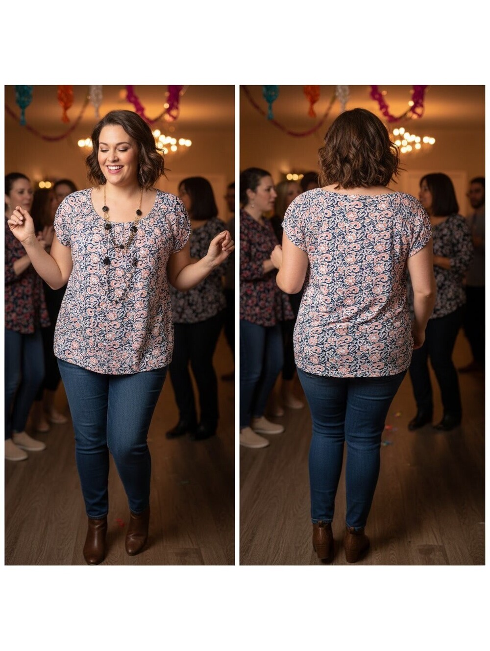 1938 - Emily Stacy Women's Plus Size 3X Floral Patterned Blouse with Necklace